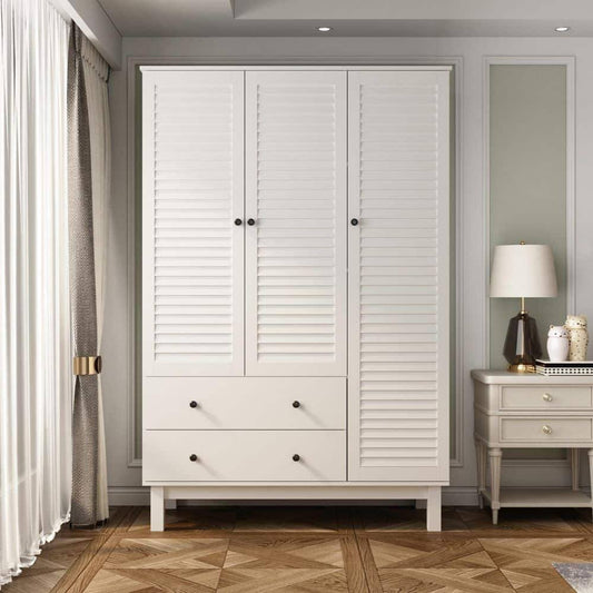 White 3 Louvered Doors Armoires With Hanging Rod, 2-Drawers And Storage Shelves