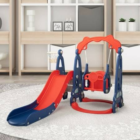 4 In 1 Toddler Climber And Swing Set, Play Climber Freestanding Slides Playset For Kids, Indoor Outdoor Playground Toy With Basketball Hoop &