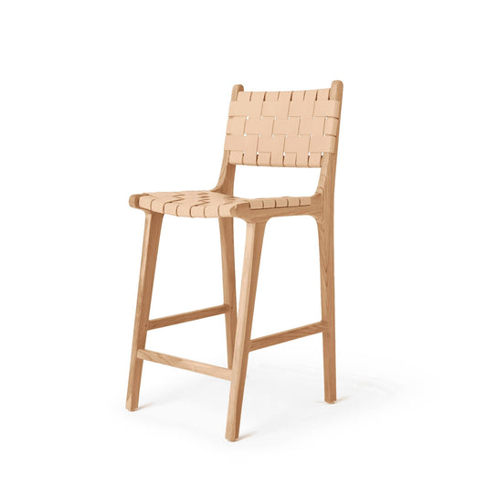 #2 In Natural - Woven Leather Counter Stool - Un-Dyed, Full Grain Leather - High-Grade Teak Frame With Neutral Finish - Hati Home