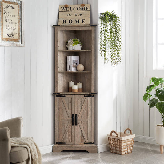 Tall Corner Cabinet, Farmhouse Storage Cabinet With Barn Door Design & Adjustable Shelves, Home Space Saver For Bathroom, Living Room, Light