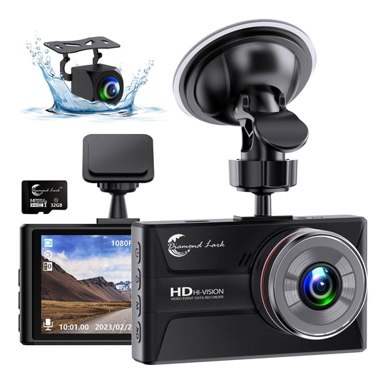 1080p Dash Cam Front And Rear With 32gb Sd Card, Diamond Lark Dual Dash Camera For Cars, 3 Ips Display Dashcam With Type-C Port,Wdr,G-Sensor,Loop