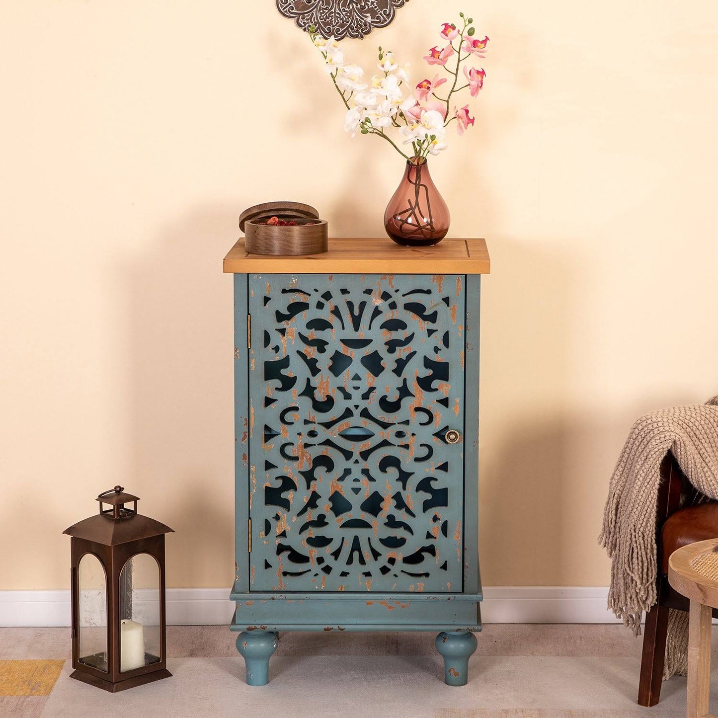 Villa Bluish Grey Hollow-Carved Cabinet With 2-Door