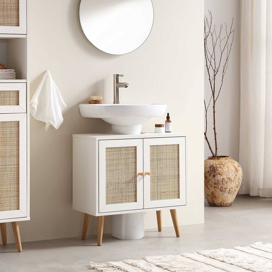 Woven Rattan 2-Door Bathroom Undersink Cabinet, White - Daals - Bathroom Cabinets