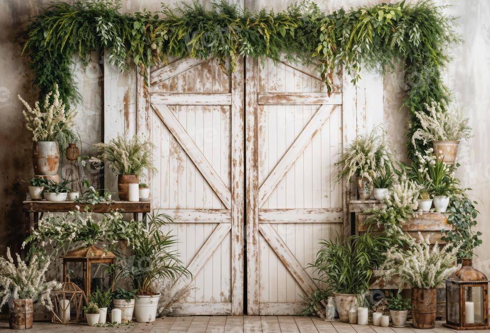 White Wooden Door With Green Plants Backdrop Designed By Emetselch, 7x5ft(2.2x1.5m)