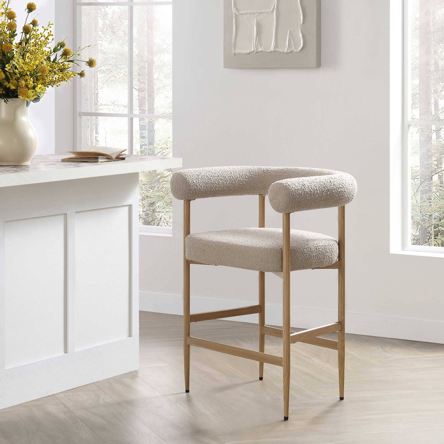 Taupe Boucle Counter Stool With Natural Wood Effect Legs - Daals - Bar Chair & Stool