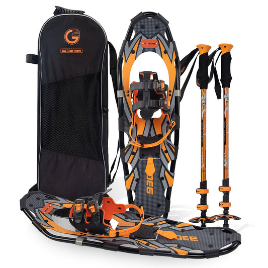 30 Inches Orange Light Weight Snowshoes For Women Men Youth, Set With Trekking Poles, Tote Bag, Special Eva Padded Ratchet Binding, Heel Lift, Toe