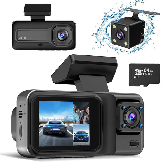 3 Channel 4k Dash Cam, Dash Camera For Cars With Free 64gb Sd Card, 4k+1080p+1440p Dash Cam Front And Rear Inside, Super Night Vision, Loop