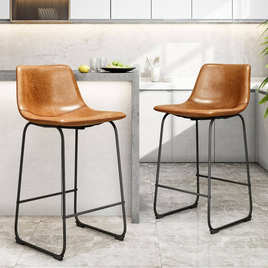 24 Inch Bar Stools Set Of 2, Modern Bar Height Barstools, Faux Leather Barstools With Back And Metal Leg, Armless Tall Bar Dining Chairs For