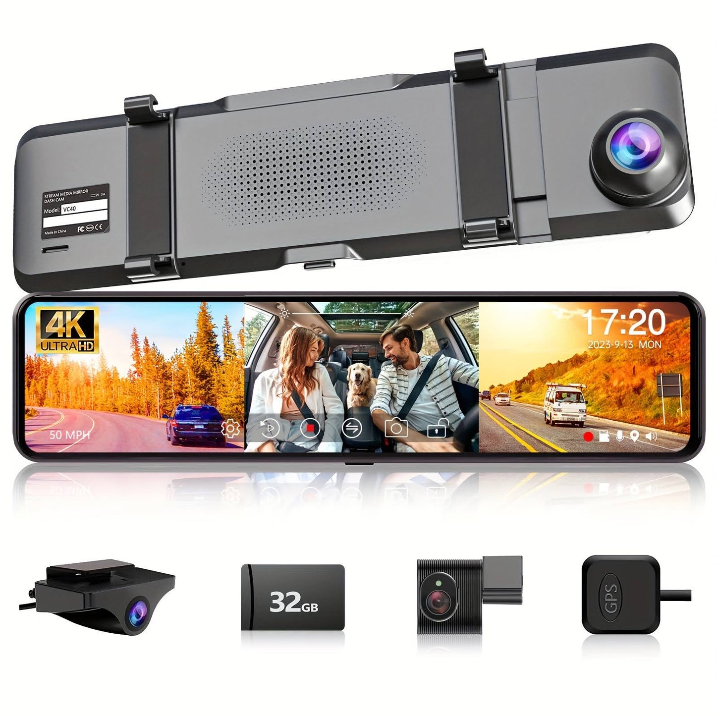 3 Channels 4k Mirror Dash Cam, In-Car Camera Recording For Taxi/Baby/Pet, Free 32gb Tf Card & Gps,Looking Glass,Temu