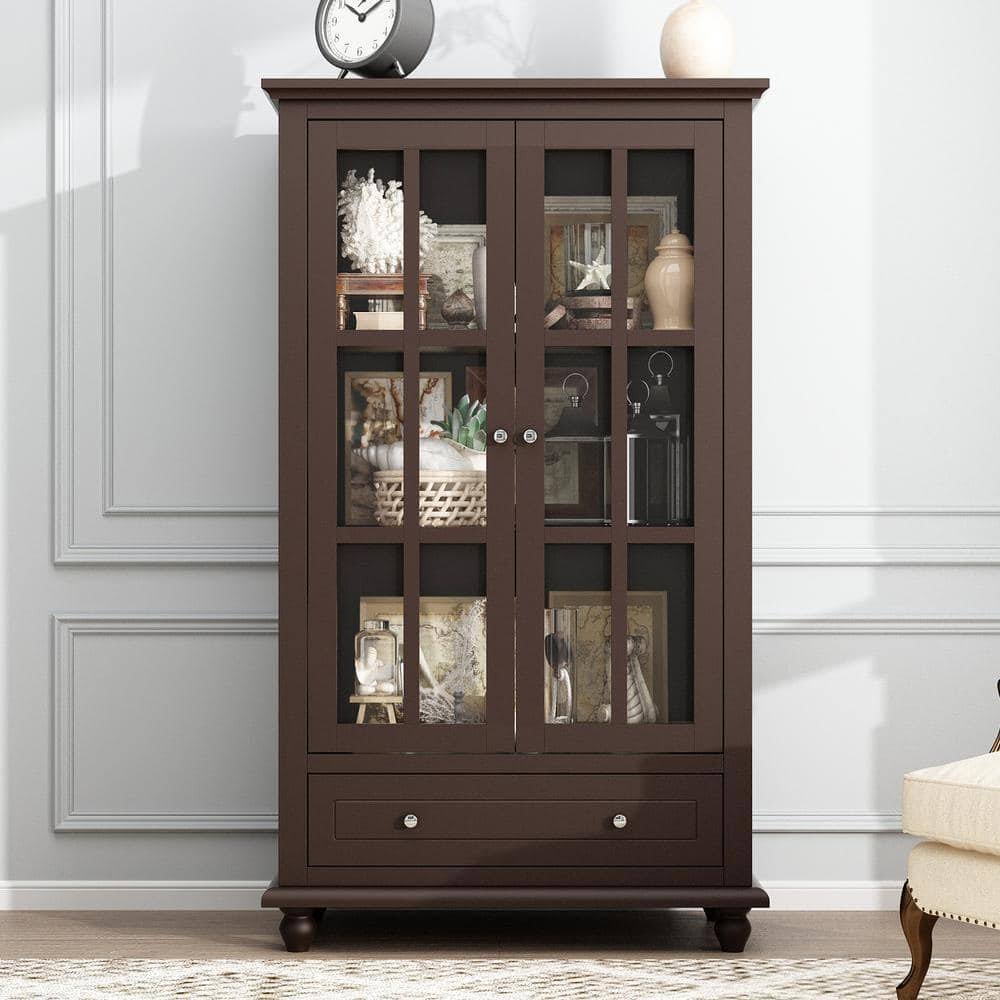 Wood Freestanding Storage Cabinet With Tempered Glass Doors, Adjustable Shelves And Drawer