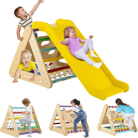 4 In 1 Climbing Toy For Toddlers, 3-Sided Montessori Wooden Triangle Climber With Sliding Ramp, Climbing Net & Board, Kids Boys Girls Indoor