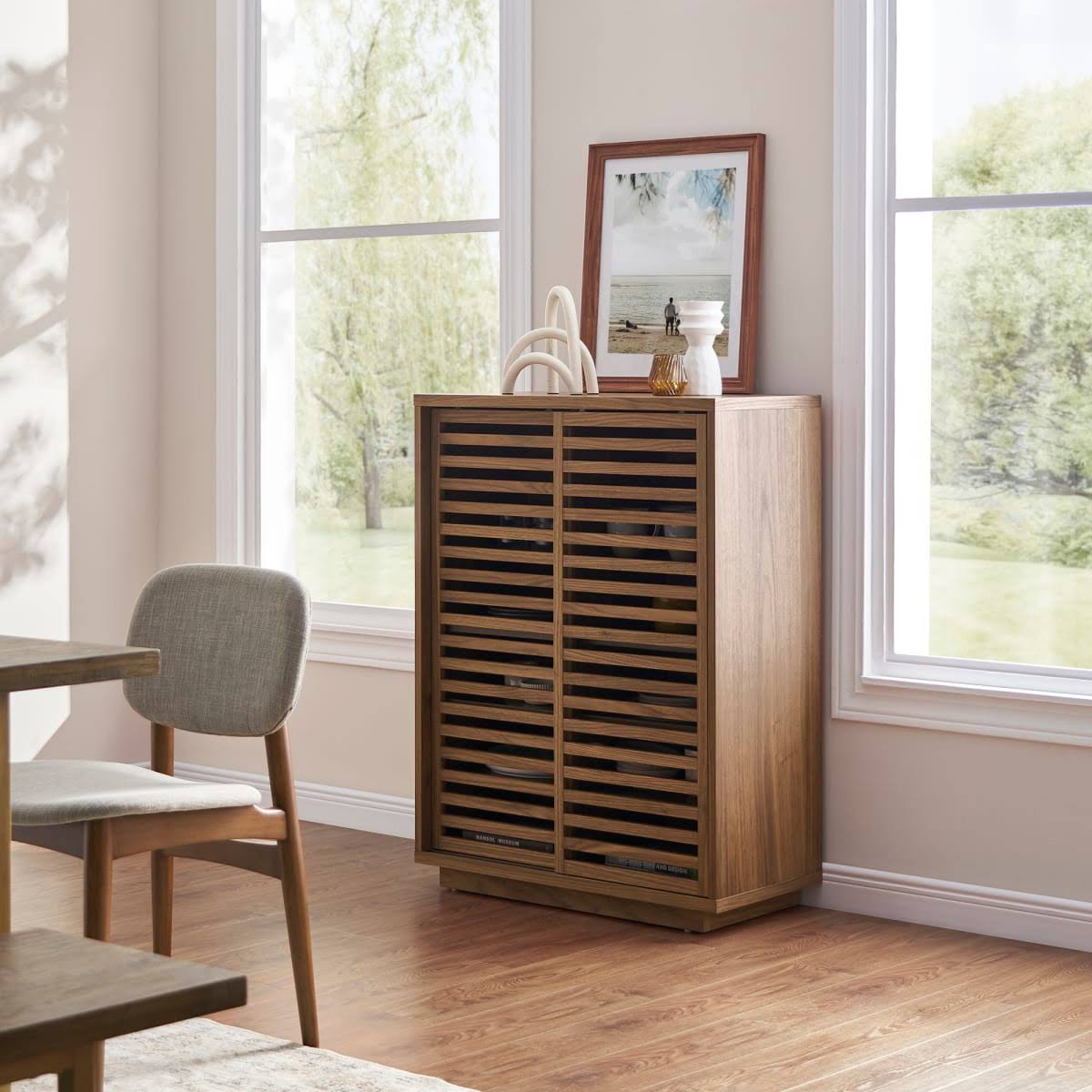 Walnut Wood Cabinet Slated Sliding Doors