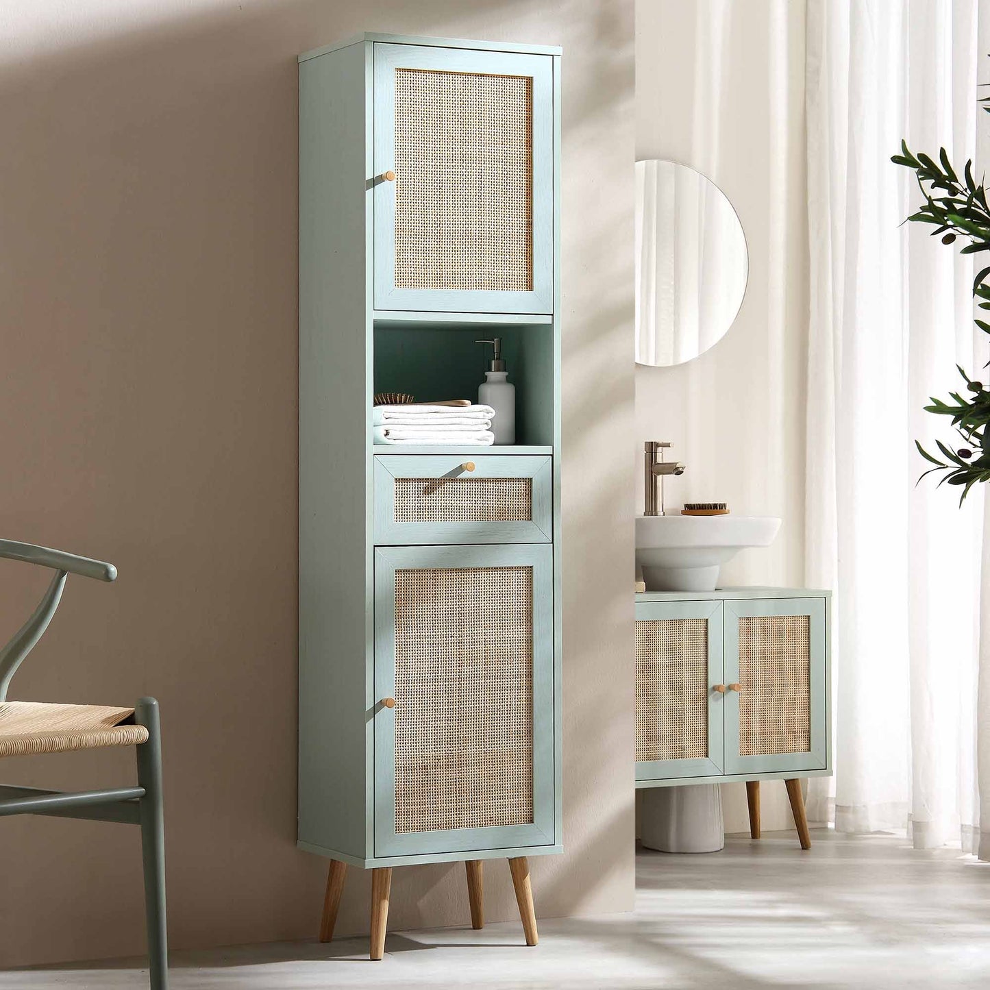 Woven Rattan Tallboy Bathroom Unit, Mint Green - Daals - Bathroom Cabinets