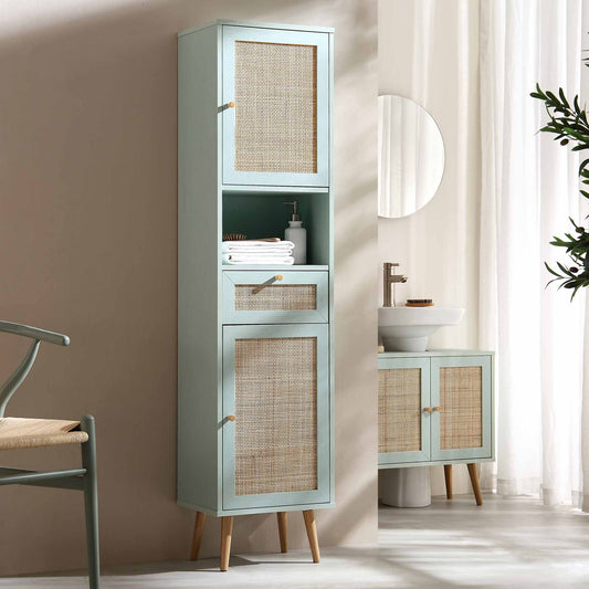 Woven Rattan Tallboy Bathroom Unit, Mint Green - Daals - Bathroom Cabinets