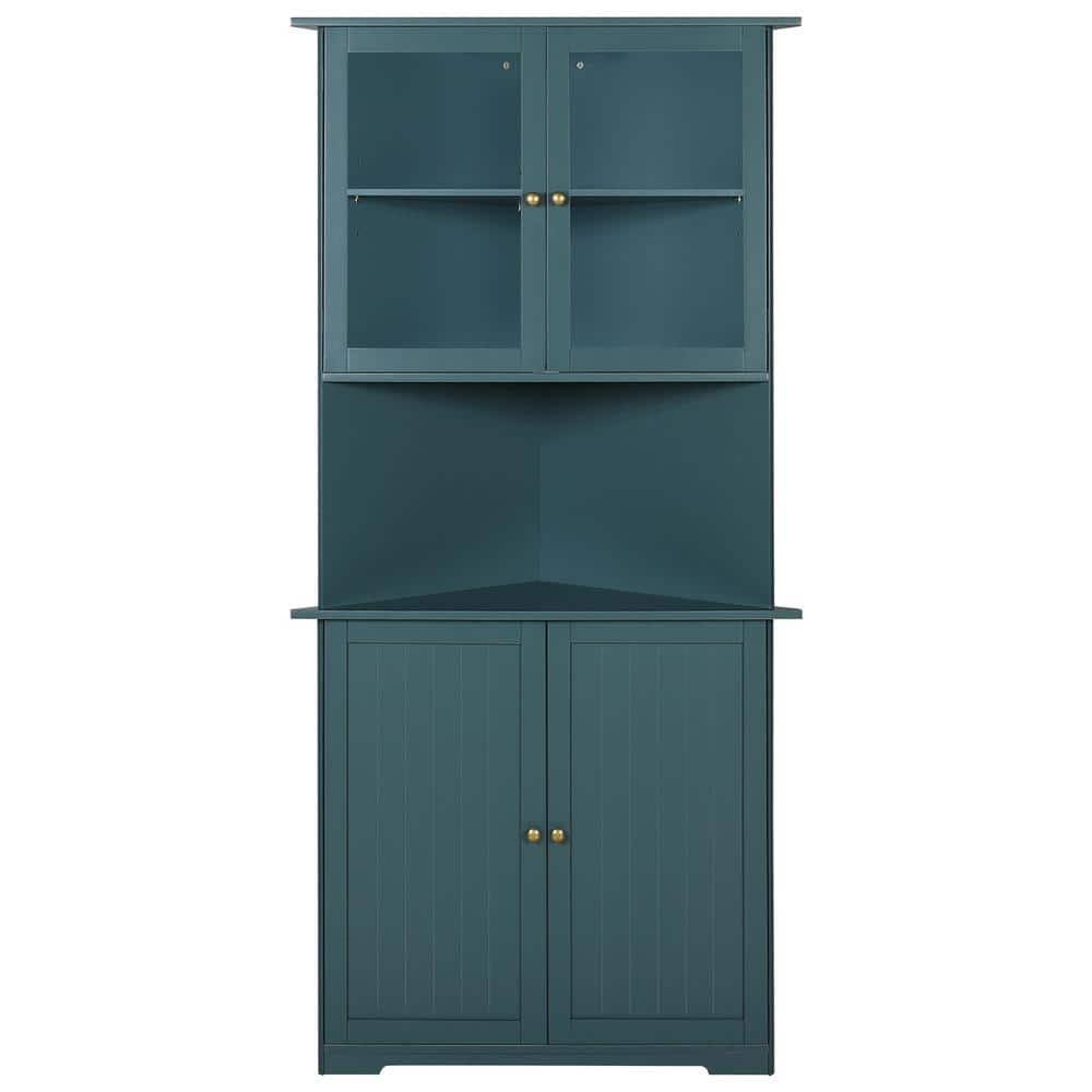 34 In. W X 25 In. D X 71 In. H Blue Corner Linen Cabinet Storage With Adjustable Shelves And Glass Doors