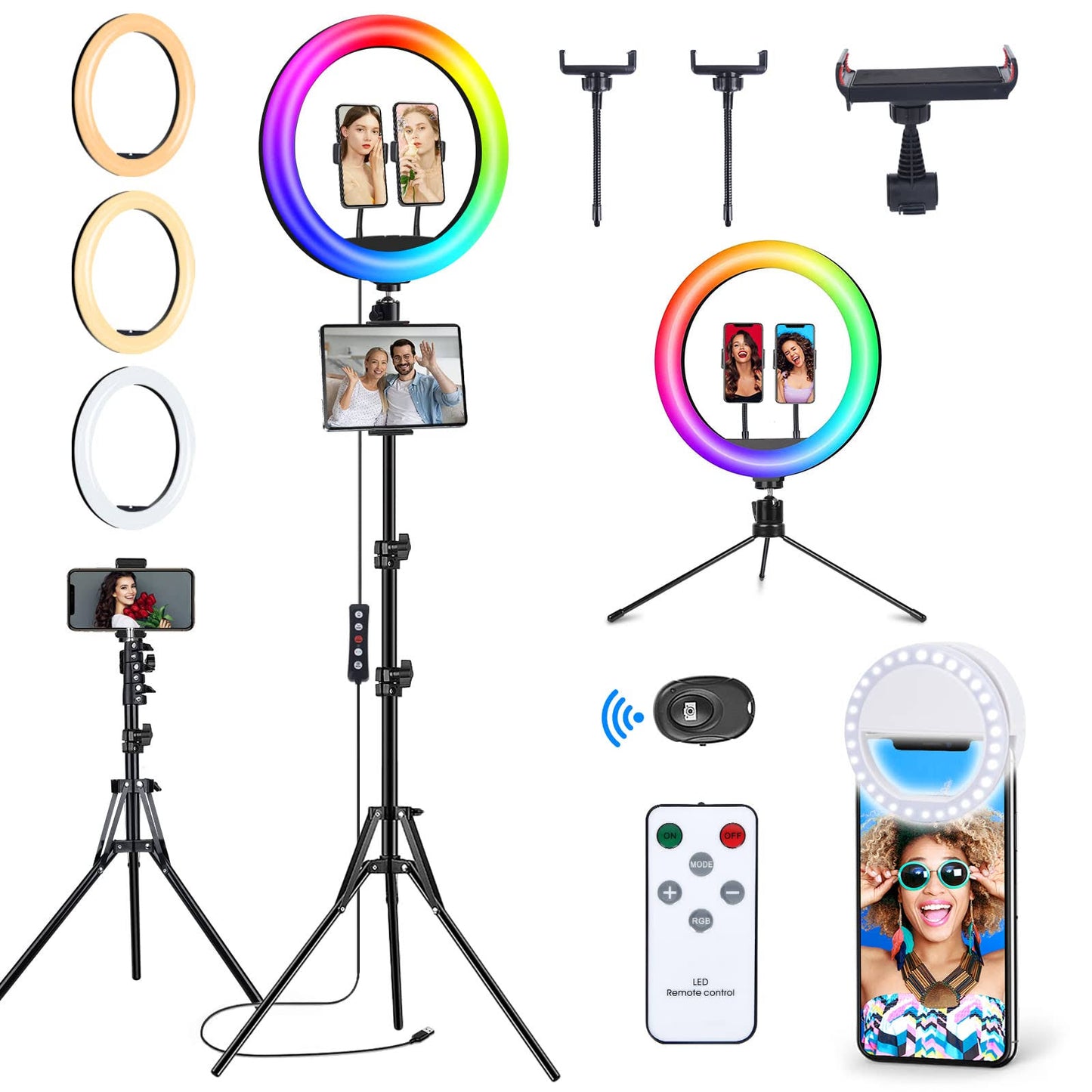 13 Selfie Ring Light With 63 Stand And 3 Phone Holder, 53 Lighting Modes, Ipad Holder, Remote, Desk Tripod, Rgb Ringlight For Iphone.