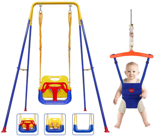 2-In-1 Toddler Swing Set And Baby Jumper Backyard Outdoor Indoor For Kid Children, Safety Bouncer Seat And Foldable Metal Swing Stand