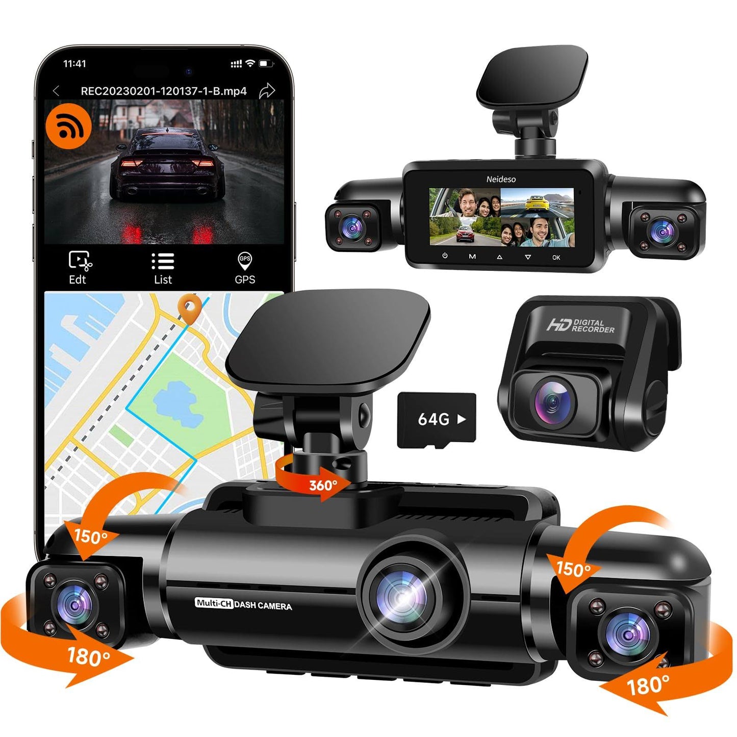 360° Dash Cam Front And Rear Inside, 4 Channel Fhd 4  1080p, Wi-Fi Gps Voice Control Car Camera, Front 2k+1080p2 Dash Camera For Cars,