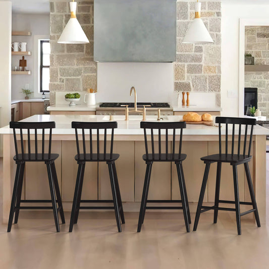 Wooden Bar Stools Set, Counter Height Chairs With Spindle Back, Black / 4pcs / 24