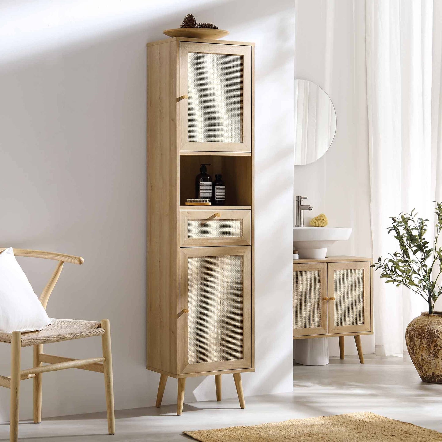 Woven Rattan Tallboy Bathroom Unit, Natural - Daals - Bathroom Cabinets