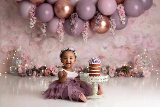 With Balloons - Printed Photography Backdrop - Cake Smash Backdrops - Printed Balloon Arch - Rose Gold - Floral Garland - 1st Birthday