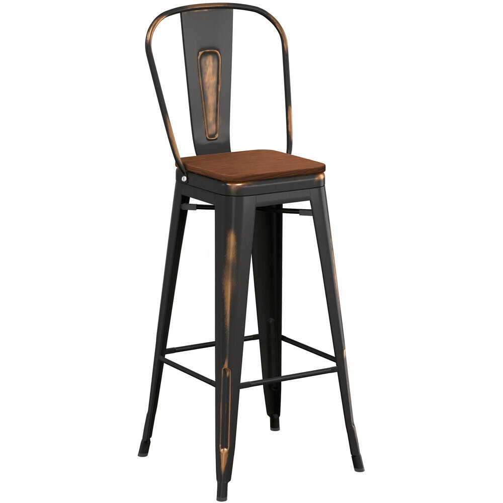 Table & Seating Alloy Series Distressed Copper Metal Indoor Industrial Cafe Bar Height Stool With Vertical Slat Back And Walnut Wood Sea