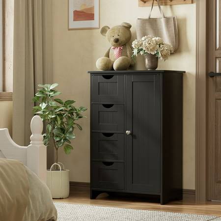 Wooden Bathroom Cabinet, Freestanding Storage Cabinet With 4 Drawers And 1 Cupboard