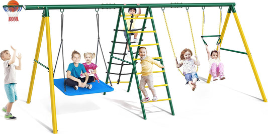 Swing Sets For Backyard, 6 In 1 Swing Sets,Heavy-Duty Metal Swing Sets For Backyard With 2 Swings, Climbing Ladder And Nets,Trapeze Bar And