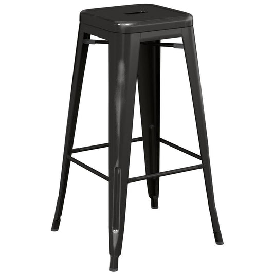 Table & Seating Alloy Series Distressed Black Stackable Metal Indoor / Outdoor Industrial Barstool With Drain Hole Seat