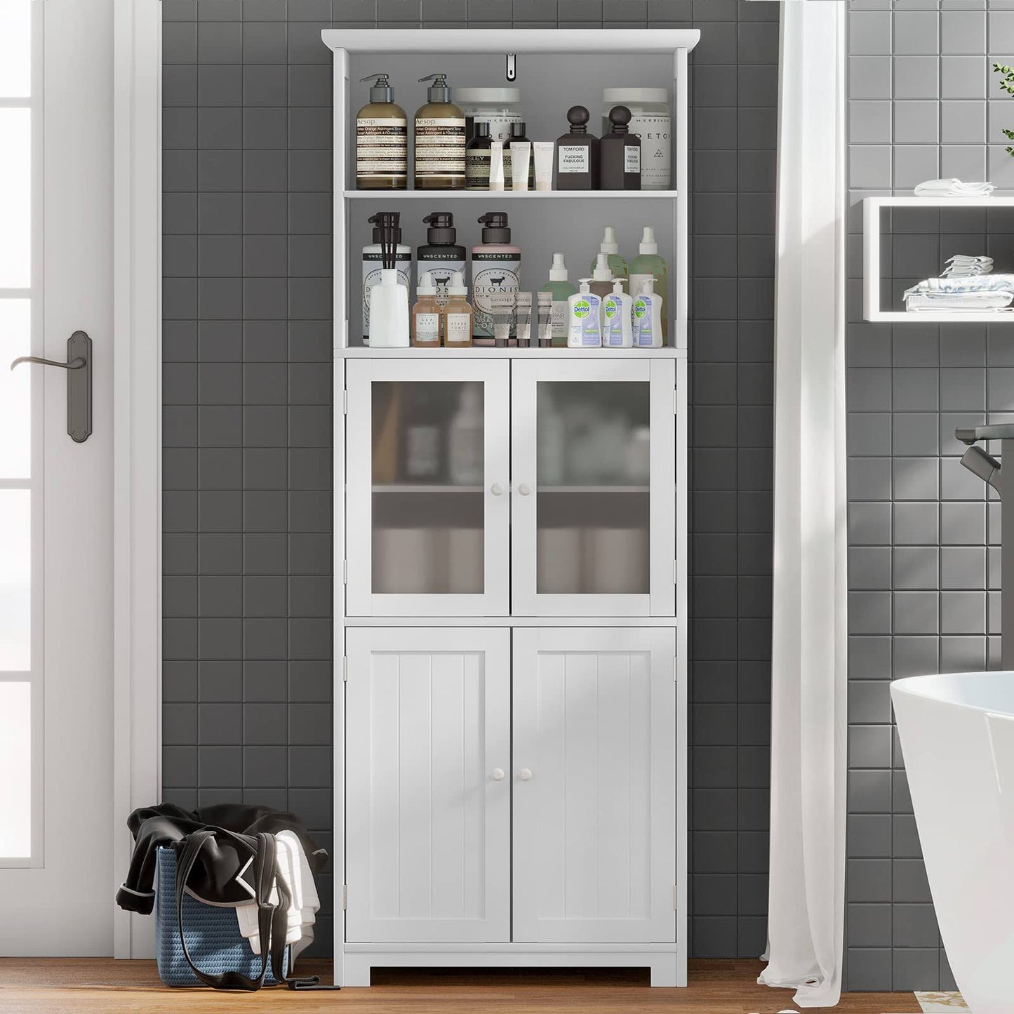 Tall Bathroom Storage Cabinet, Large Floor Cabinet With 2 Open Compartments And 2 Cabinets With Doors