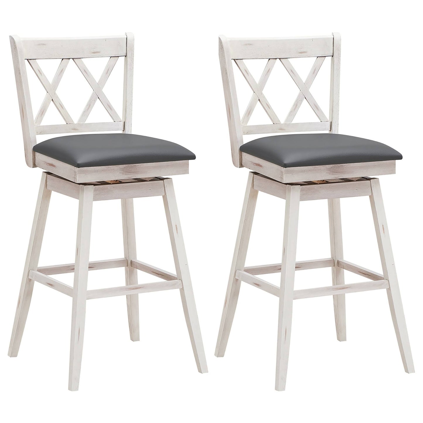 2 Pieces Swivel Counter Height Barstool Set With Rubber Wood Legs