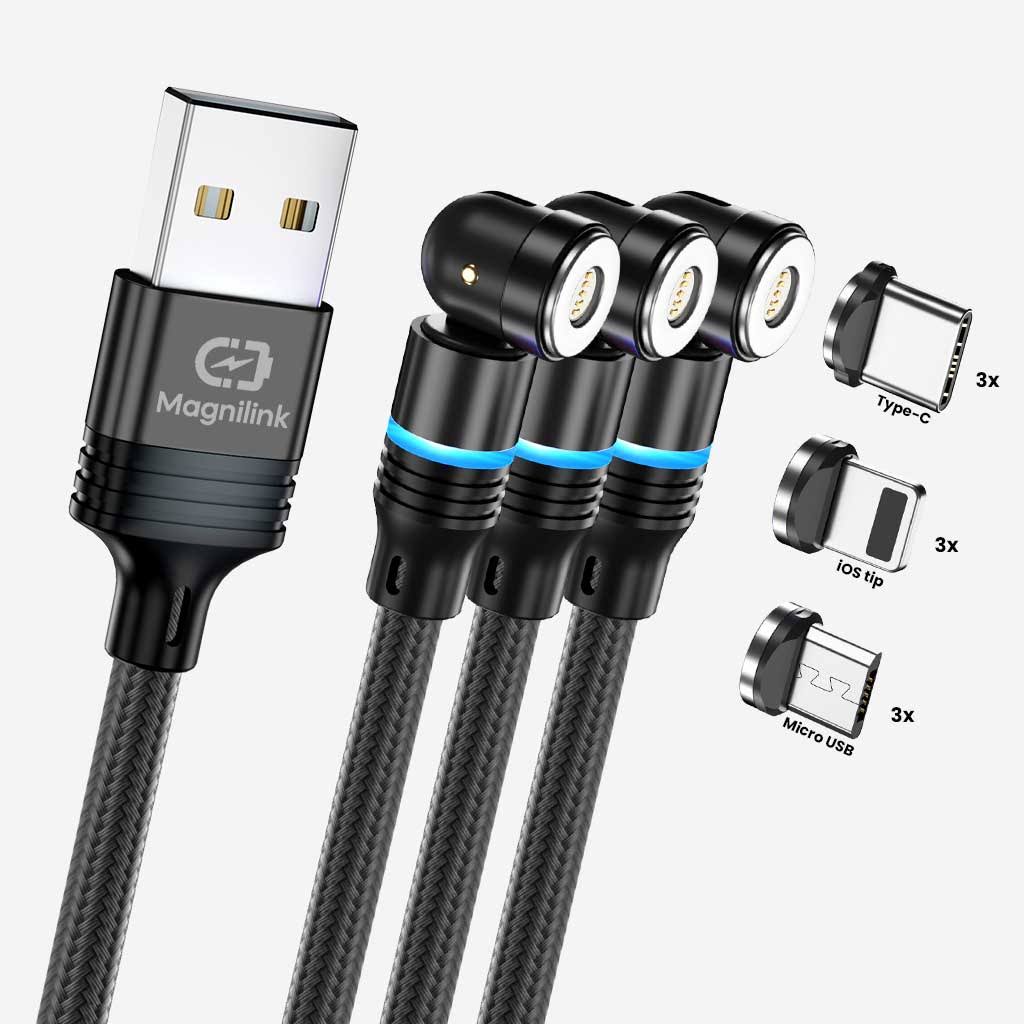 360 Maxx Magnetic Charging Cable - Fast Charge 3a 18w & Data Transfer, Onyx Black / 6.6 Feet / 3-Pack