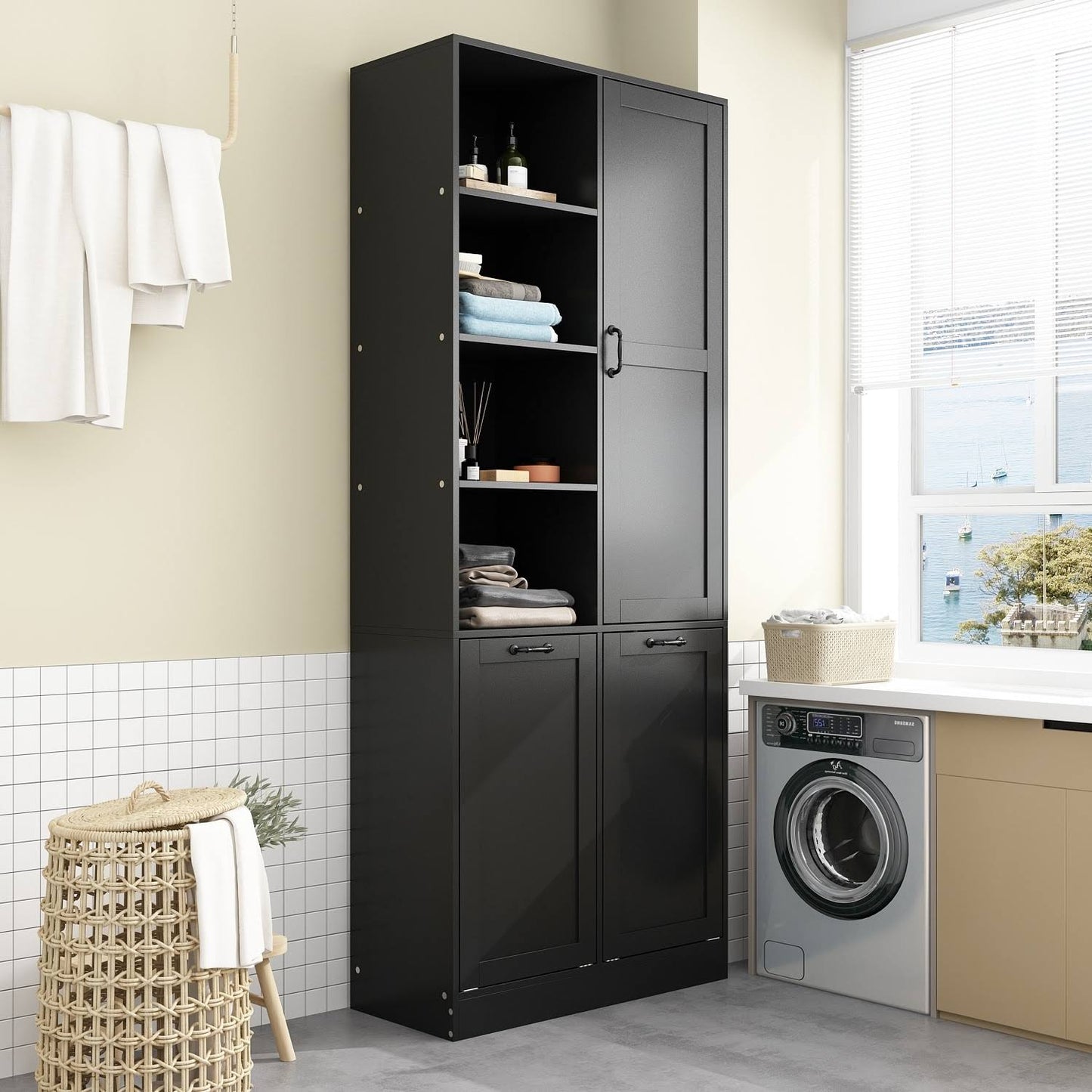 White Laundry Bathroom Cabinet With Unique Rotating Drawers