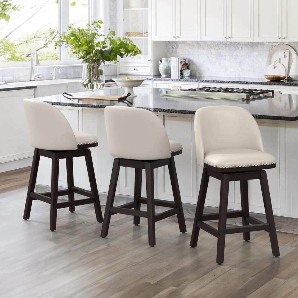 26 Wood Frame Swivel Cushioned Bar Stool With Faux Leather