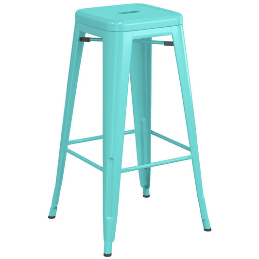 Table & Seating Alloy Series Seafoam Stackable Metal Indoor / Outdoor Industrial Barstool With Drain Hole Seat