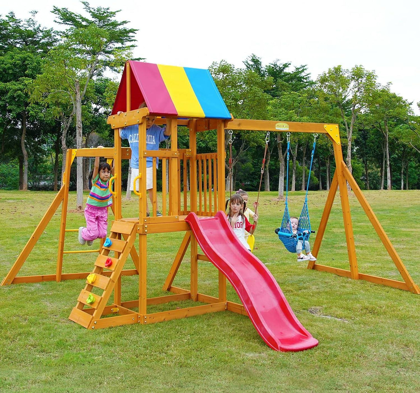 Wooden Swing Sets For Backyard, Playground Sets For Backyards With A Slide, Rock Climbing Wall, Sandbox, Colorful Shed Cloth, Monkey Bar,