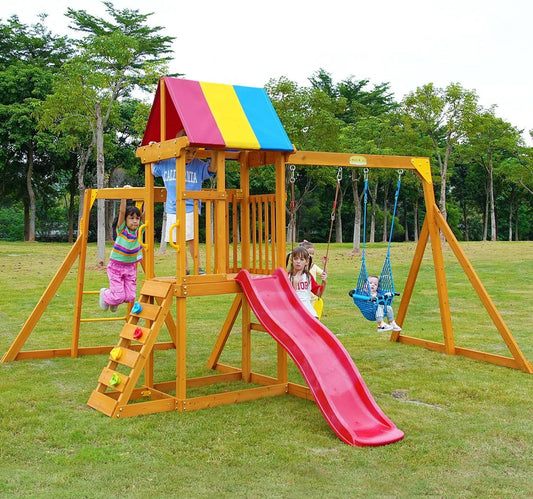 Wooden Swing Sets For Backyard, Playground Sets For Backyards With A Slide, Rock Climbing Wall, Sandbox, Colorful Shed Cloth, Monkey Bar,