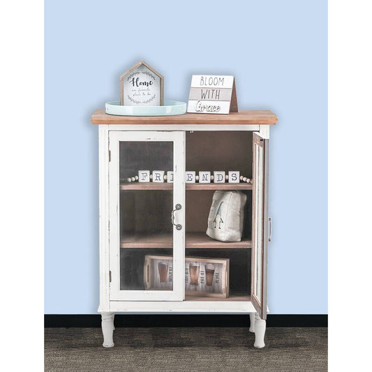 White Wood Storage Cabinet With 2 Glass Doors 3 Shelves Natural Wood Top