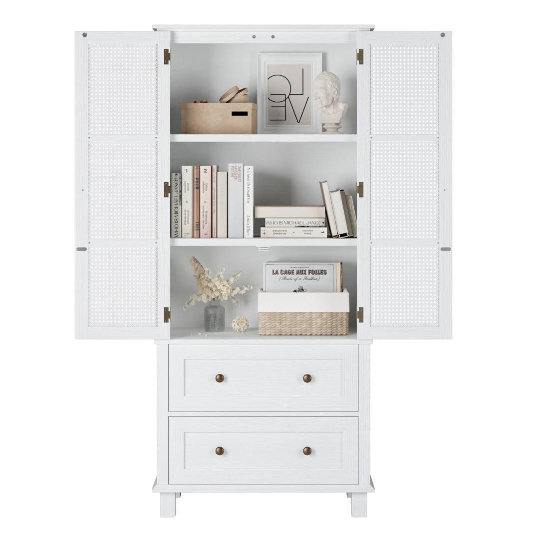 2-Door 2-Drawer Tall Locker With Faux Rattan And Faux Solid Wood Surface, 64.4h X 28.54w X 15d Homecho Color: White