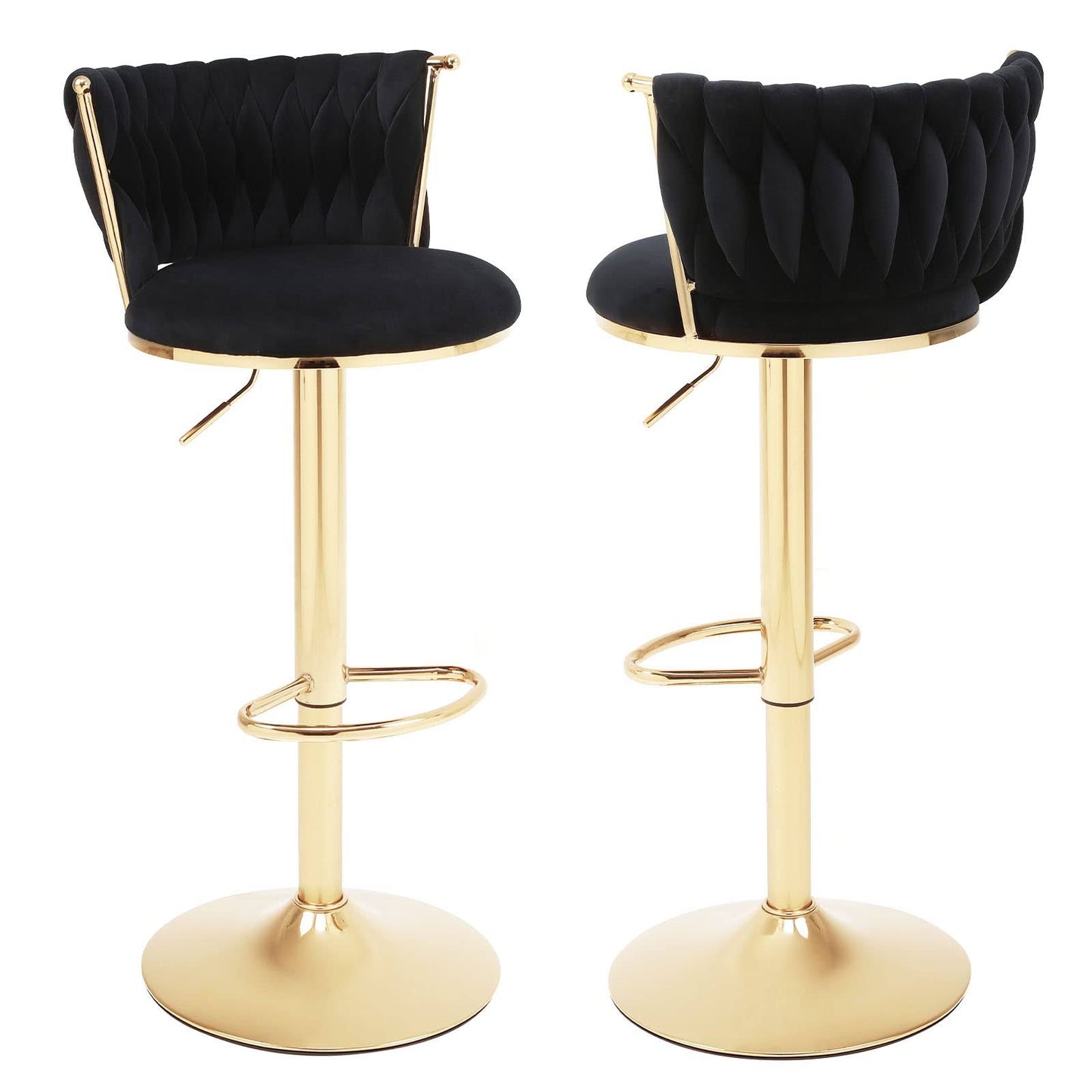 Velvet Bar Stools Set Of 2,360° Woven Modern Gold Bar Stools,Swivel Adjustable Height Barstools With Backs Gold Metal Tall Kitchen Counter