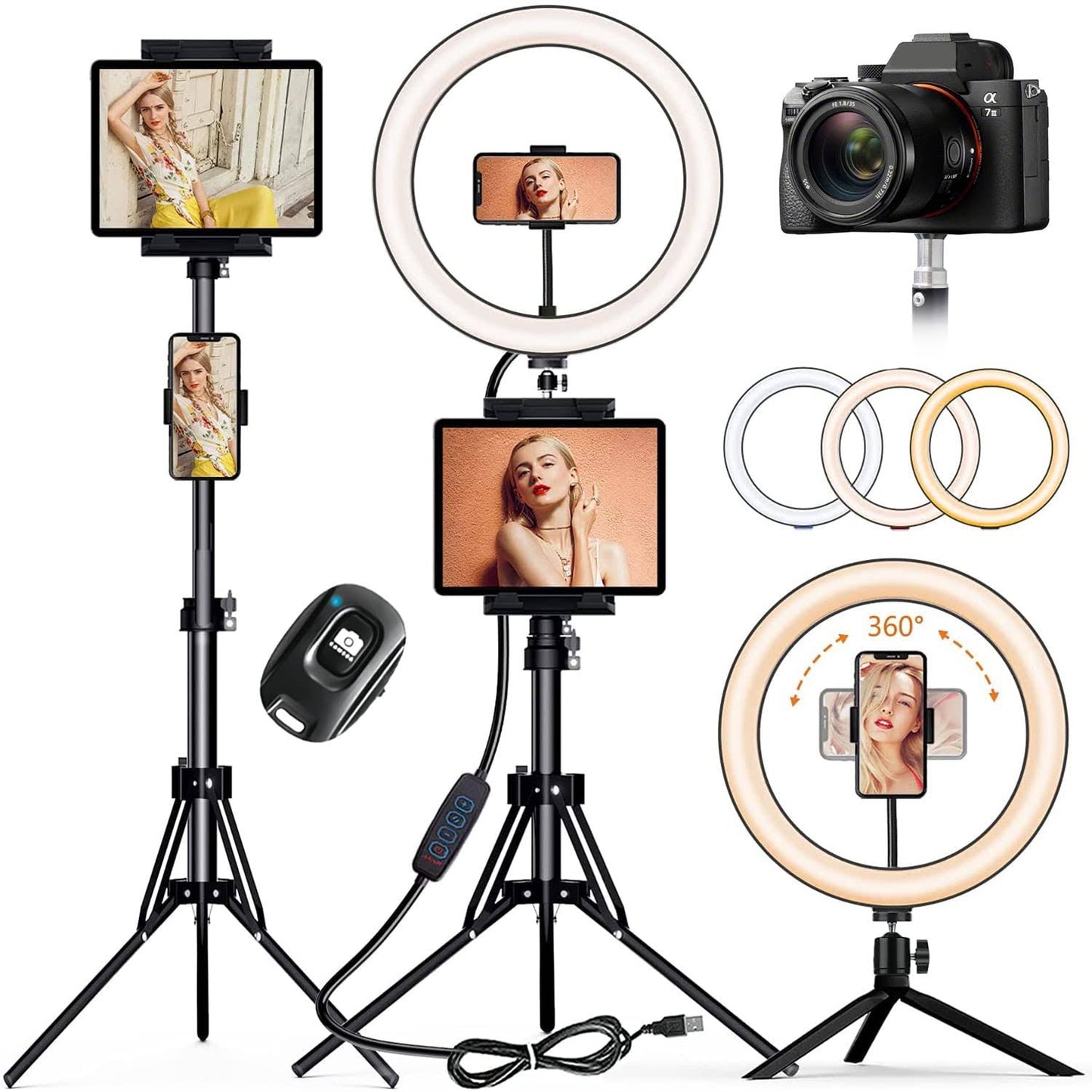 12 Selfie Ring Light With Tripod Stand 72 Tall & Mini Desktop Tripod, Peyou Ring Light Tripod With 4 Phone Tablet Holders & Shutter For Youtube