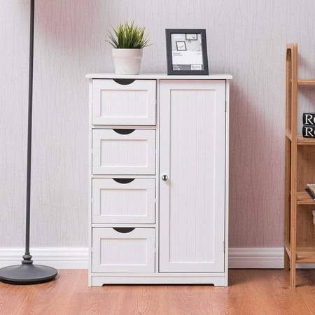 Wooden Bathroom Floor Cabinet,Side Storage Organizer Cabinet With 4 Drawers,1 Cupboard & 2-Shelves,Mdf,White, Size: 32