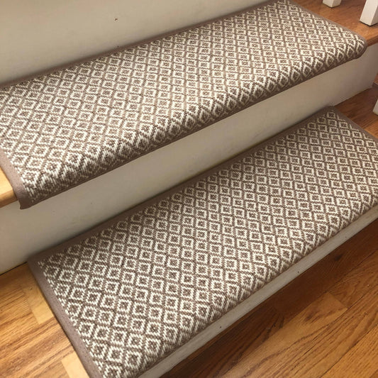 To Ship! Breckenridge Medium Beige Flat Woven 100% Wool TRUE Bullnose Carpet Stair Treads (Sold Each)