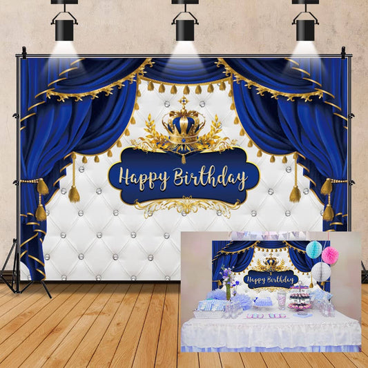 10x8ft Royal Prince Birthday Backdrop Royal Blue And Gold Little Prince Crown Curtain Photography Background Boy Kids 1st Birthday Party