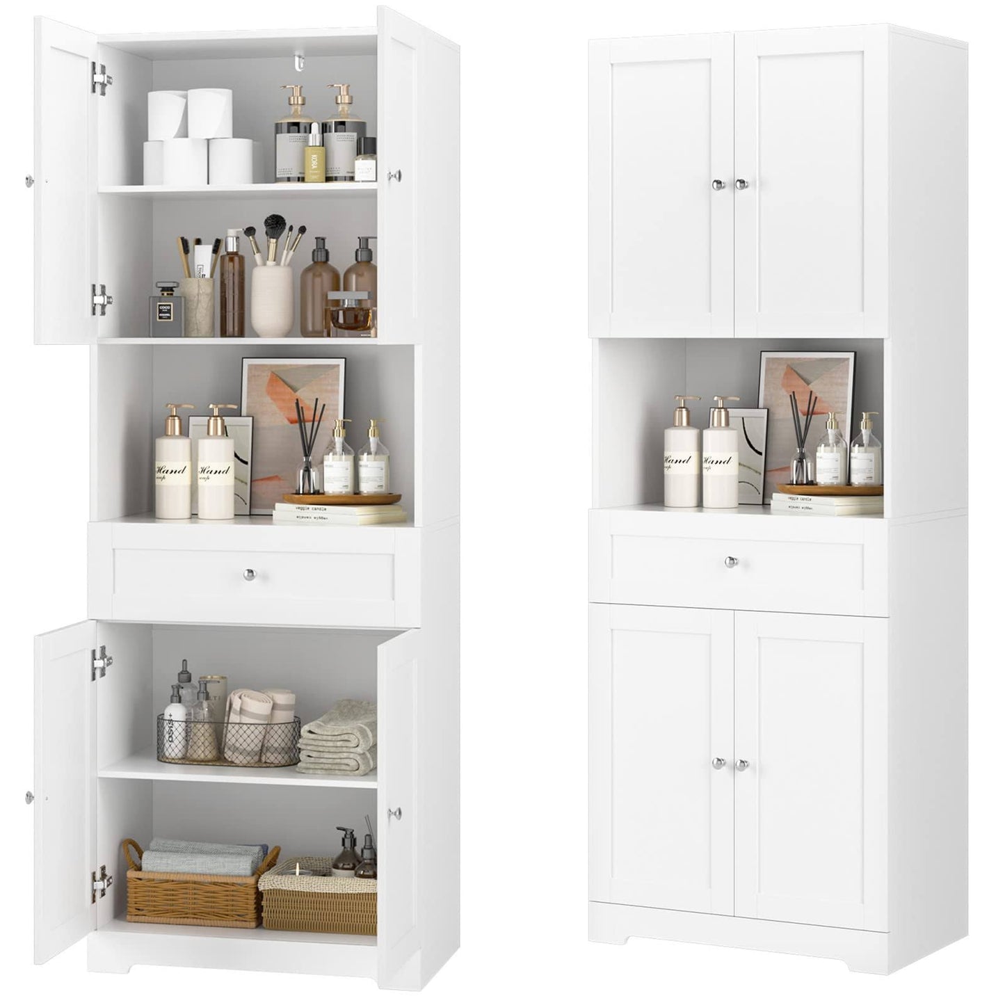 Tall Bathroom Storage Cabinets, Modern Linen Storage Cabinet With 4 Doors & Shelves & Drawer, 67 H Tall Storage Cabinet Freestanding For