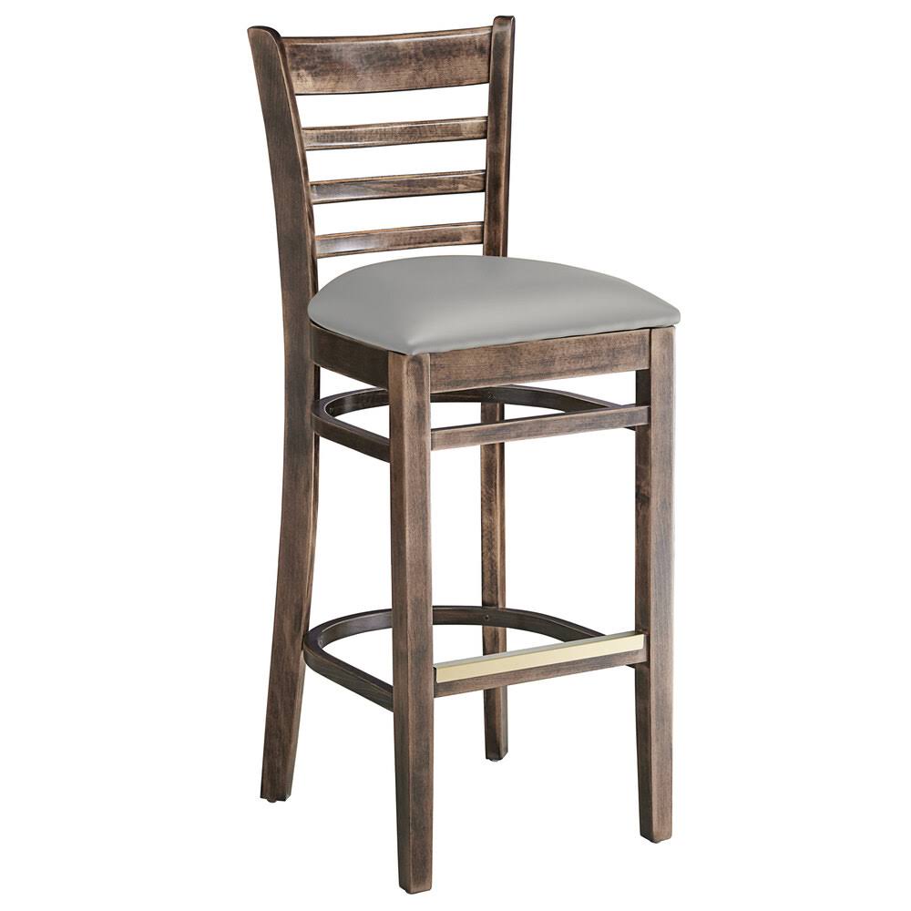 Vintage Finish Wooden Ladder Back Bar Height Chair With Light Gray Padded Seat - Detached Seat