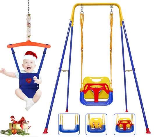 3-In-1 Toddler Swing Set And Baby Jumper, Baby Swing With Bouncers For Indoor Outdoor Play, Sturdy Safety Seat And Foldable Metal Swing Stand Easy