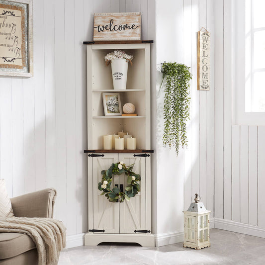 Tall Corner Cabinet, Farmhouse Storage Cabinet With Barn Door Design & Adjustable Shelves, Home Space Saver For Bathroom, Living Room, Rustic