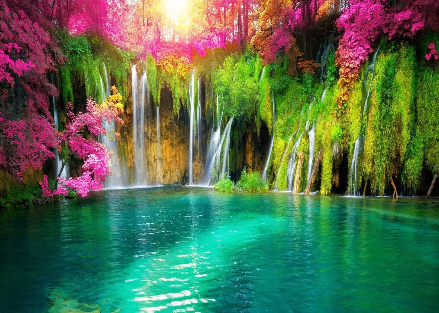 20x10ft Fabric Forest Mountain Waterfall Backdrop Spring Blooming Flowers Green Lake Natural Landscape Scenic Backdrop Wall Murals Room Decor