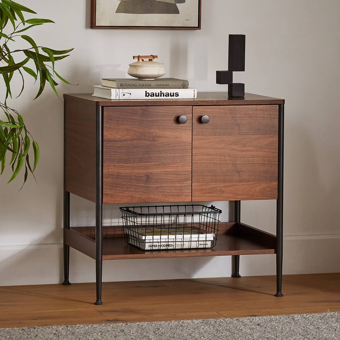 Walnut Cabinet Solid Wood Black Steel Legs